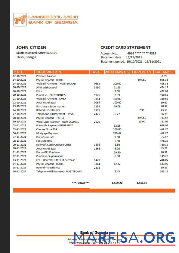 Downloadable Georgia Bank of Georgia Bank statement template, Word and PDF format